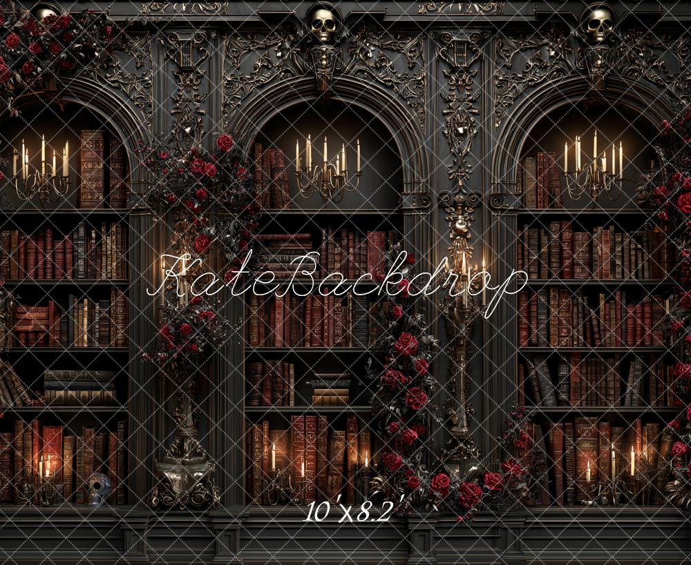 Kate Gothic Bookshelf Candlelight Red Roses Backdrop Designed by Ashley Paul