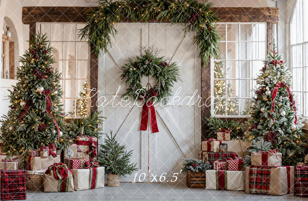 Kate Christmas Trees Garland Presents Rustic Door Backdrop Designed by Emetselch