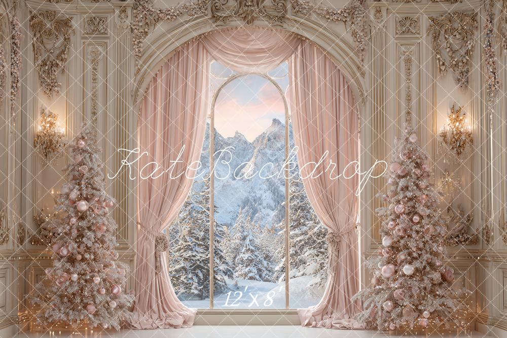 Kate Christmas Pink Trees Ornate Curtains Backdrop Designed by Ashley Paul