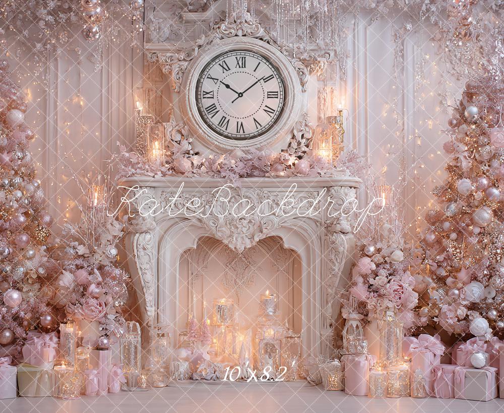 Kate Christmas Pink Fireplace Clock Gifts Backdrop Designed by Ashley Paul