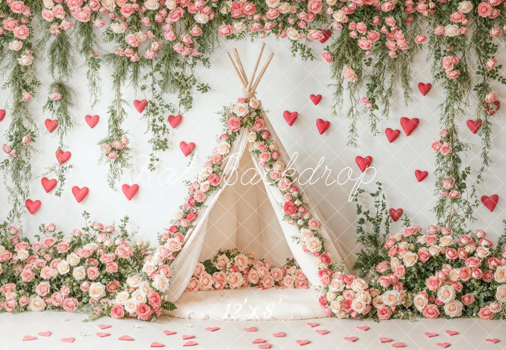 Kate Flower Arch Tent Pink Roses Hearts Fleece Backdrop Designed by Emetselch -UK