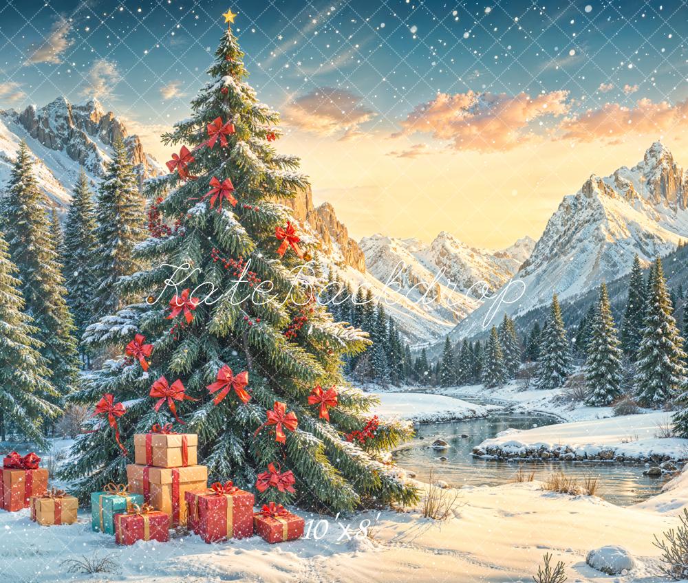 Kate Christmas Tree Snowy Mountains Fleece Backdrop Designed by Emetselch -UK