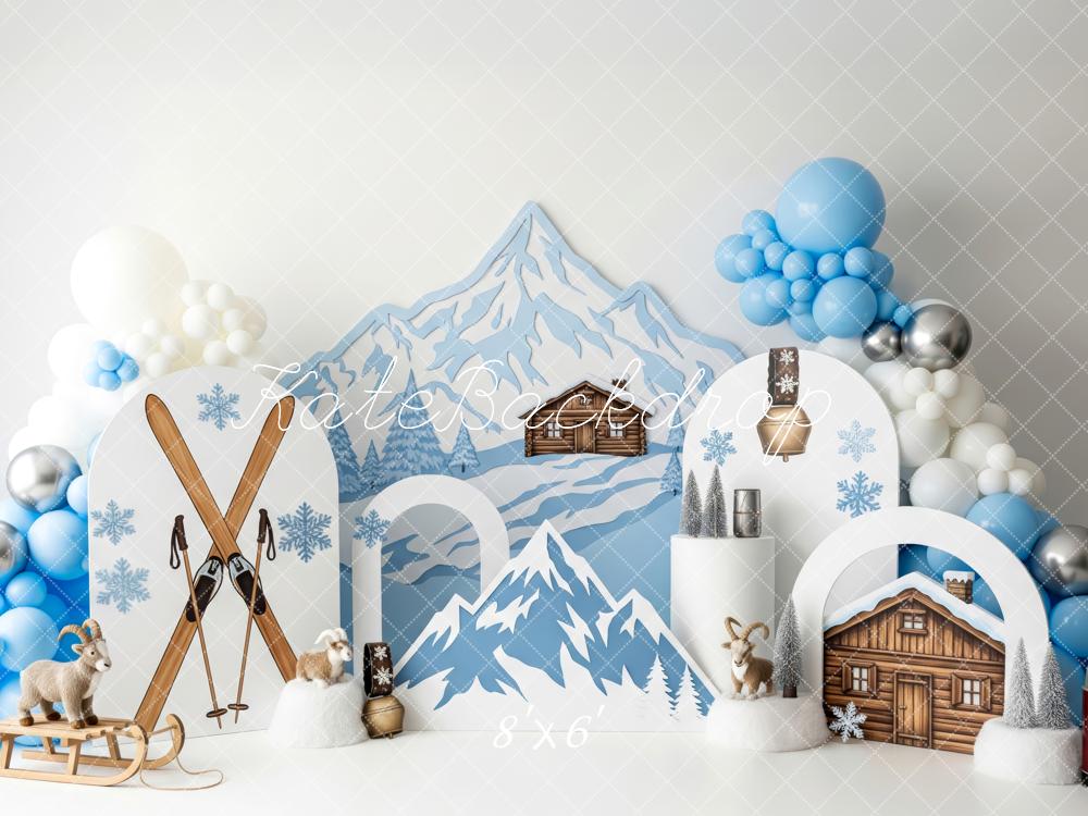 Kate Winter Mountain Cabin Skis Snowflakes Backdrop Designed by Patty Robert