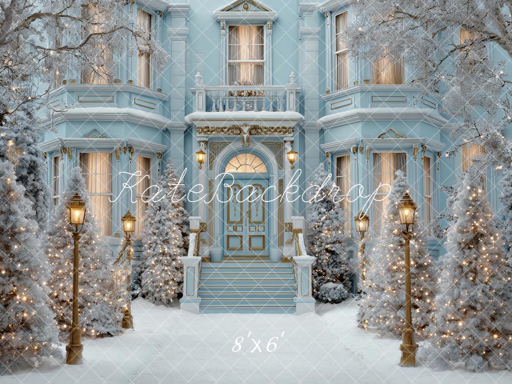 Kate Winter Blue Mansion Snow Lights Backdrop Designed by Ashley Paul