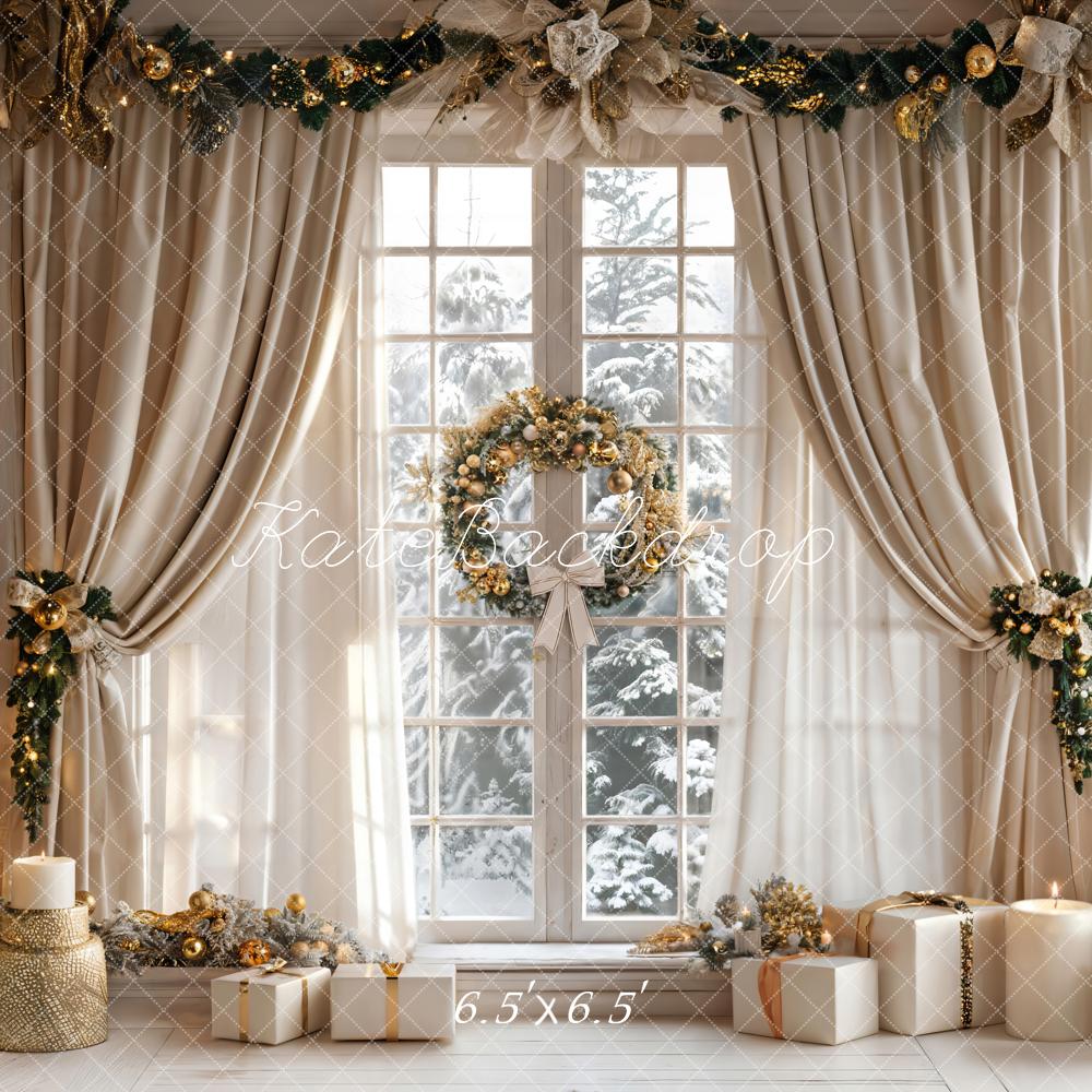 Kate Christmas Beige Curtain White Window Backdrop Designed by Emetselch -UK