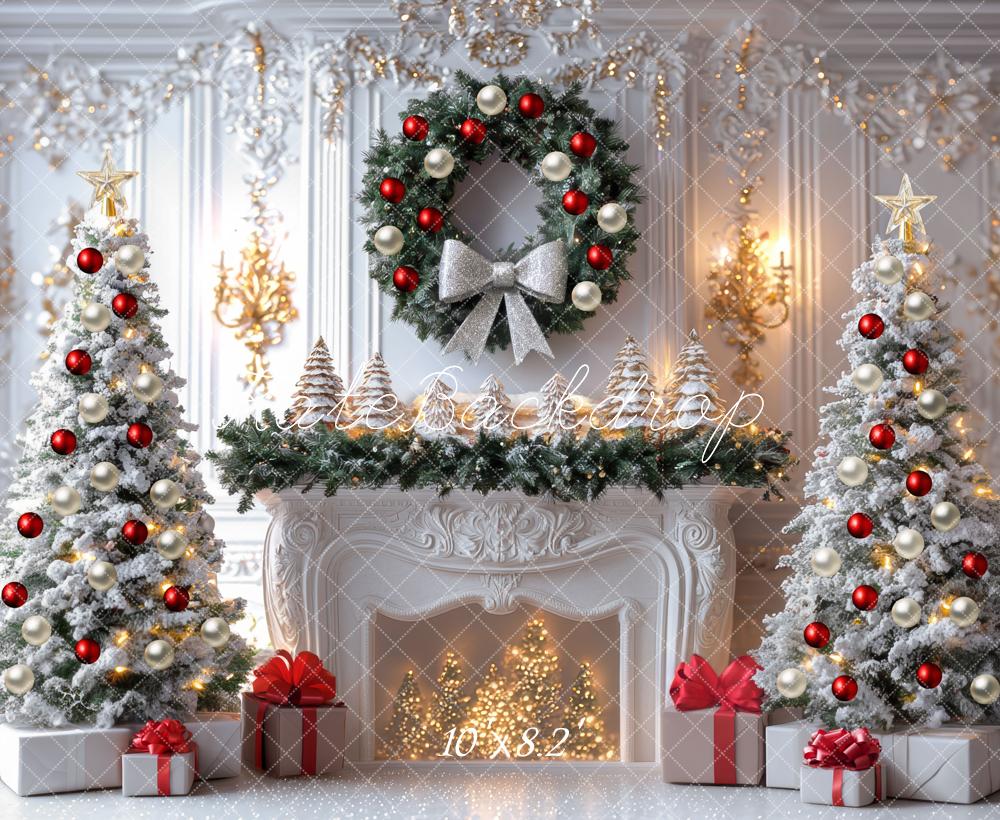Kate Christmas White Fireplace Wreath Trees Backdrop Designed by Mini MakeBelieve -UK