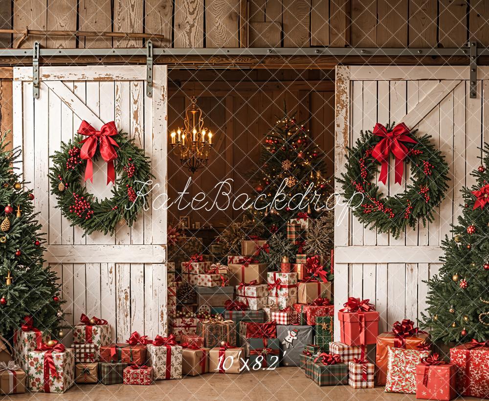 On Sale Kate Christmas Barn Door Wreaths Trees Presents Backdrop Designed by Emetselch -UK