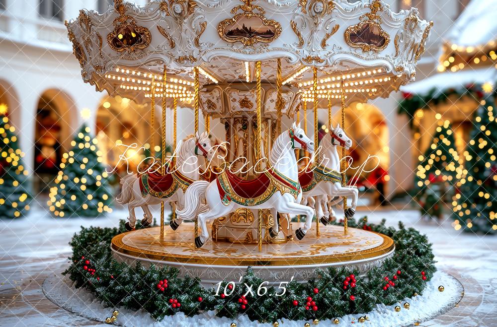 Kate Carousel Horses Christmas Trees Backdrop Designed by Mini MakeBelieve -UK