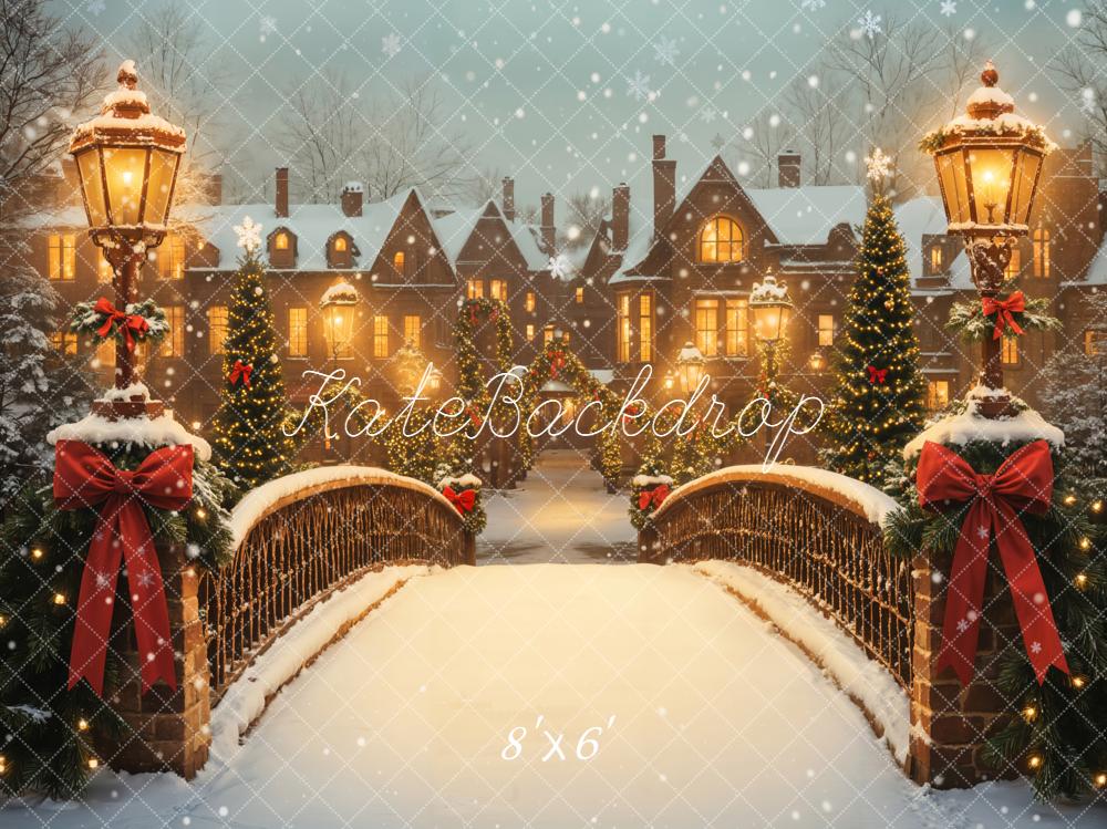 Kate Christmas Snowy Bridge Streetlamps Houses Backdrop Designed by Emetselch -UK