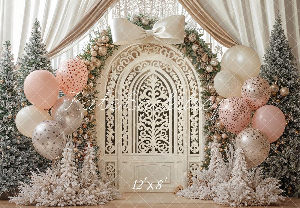 Kate Winter Arch Balloons Frosted Trees Fleece Backdrop Designed by Emetselch -UK