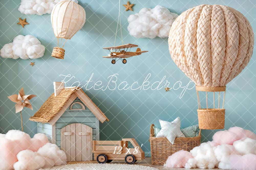 Kate Hot Air Balloon Aeroplane Clouds Fleece Backdrop Designed by Emetselch