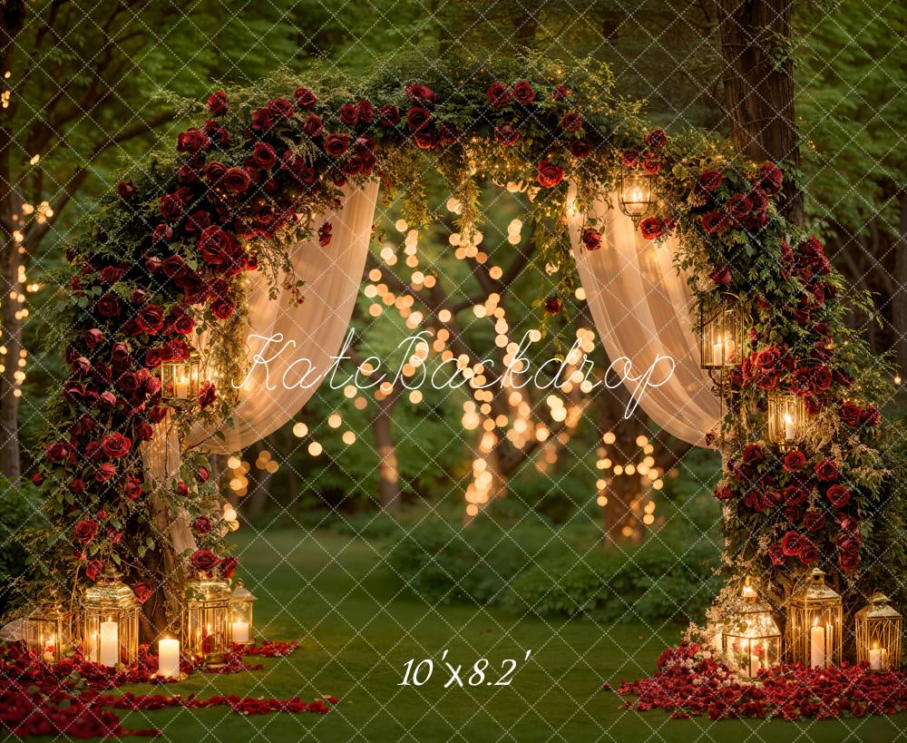 Kate Valentine Roses Arch Fairy Lights Forest Backdrop Designed by Emetselch