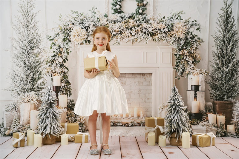 Kate Christmas White Fireplace Garland Candles Backdrop Designed by Emetselch