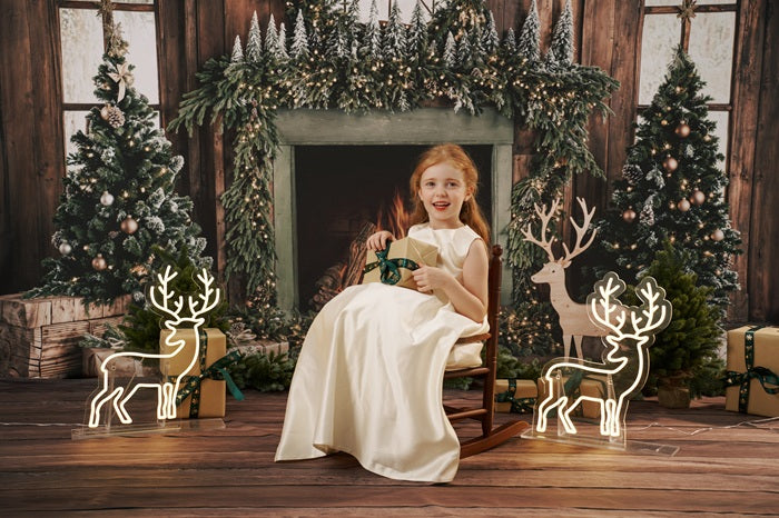 Kate Christmas Tree Wood Fireplace Wreath Deer Backdrop Designed by Emetselch -UK
