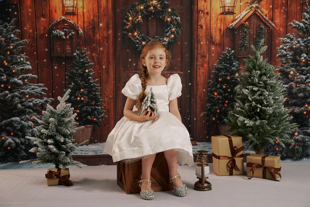 On Sale Kate Snowy Winter Christmas Trees Wood House Backdrop Designed by Emetselch -UK