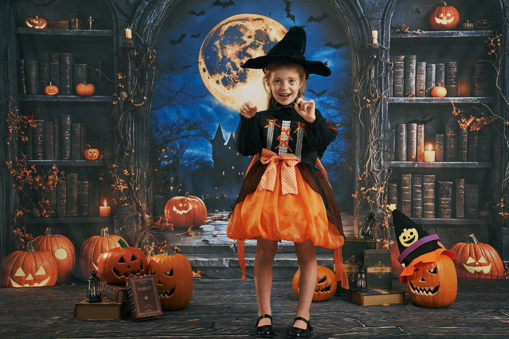 Kate Halloween Pumpkin Moon Vintage Bookshelf Backdrop Designed by Emetselch -UK