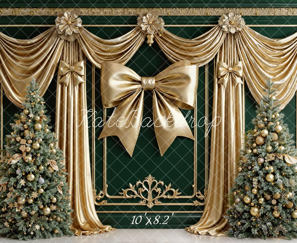 Kate Christmas Gold Drapes Bow Green Trees Backdrop Designed by Emetselch -UK