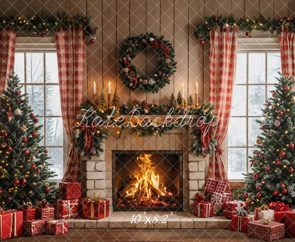 Kate Christmas Fireplace Wreath Trees Backdrop Designed by Emetselch