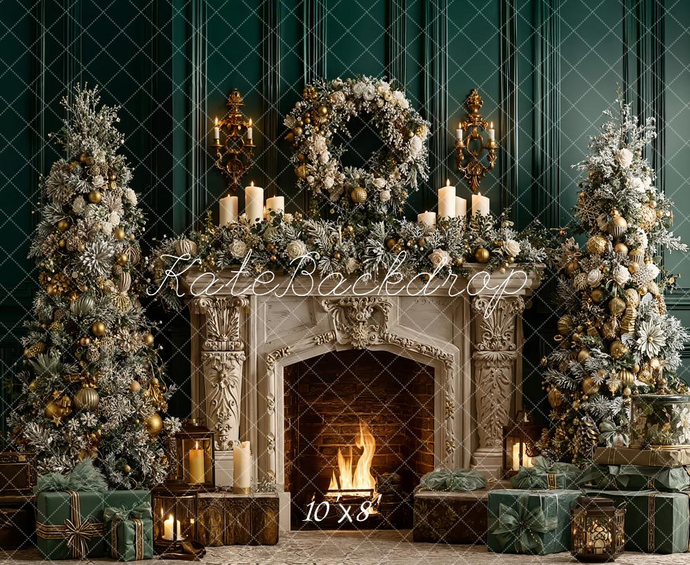 Kate Christmas Fireplace Garland Green Fleece Backdrop Designed by Emetselch