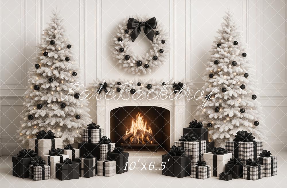 Kate Christmas White Trees Fireplace Black Presents Backdrop Designed by Ashley Paul