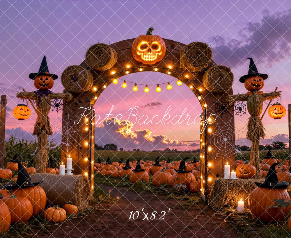 Kate Halloween Pumpkin Arch Scarecrow Field Fleece Backdrop Designed by Emetselch -UK