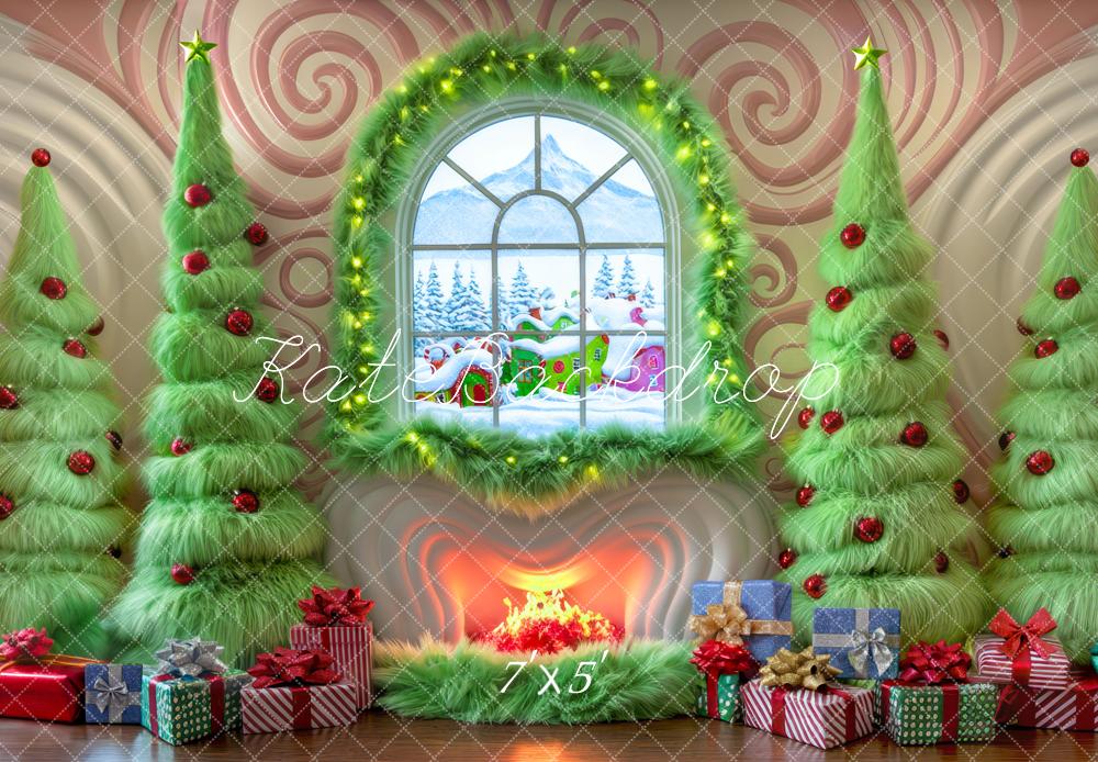 Kate Christmas Green Trees Fireplace Window Backdrop Designed by Mini MakeBelieve