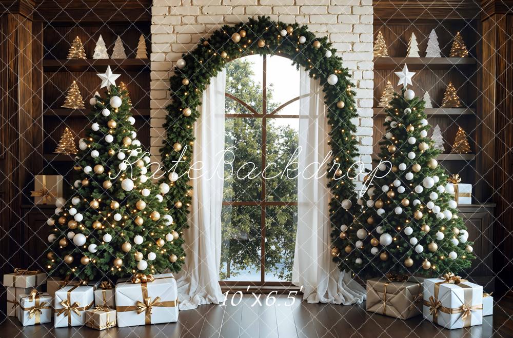 Kate Christmas Trees Garland White Brick Backdrop Designed by Mini MakeBelieve