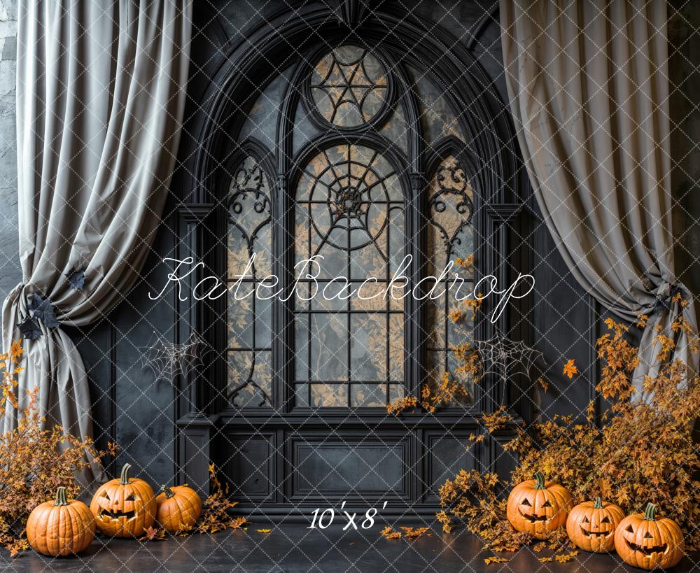 Kate Halloween Pumpkins Gothic Window Fleece Backdrop Designed by Emetselch -UK
