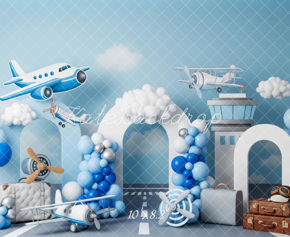 Kate Aeroplane Suitcases Control Tower Blue Balloons Backdrop Designed by Patty Robert -UK