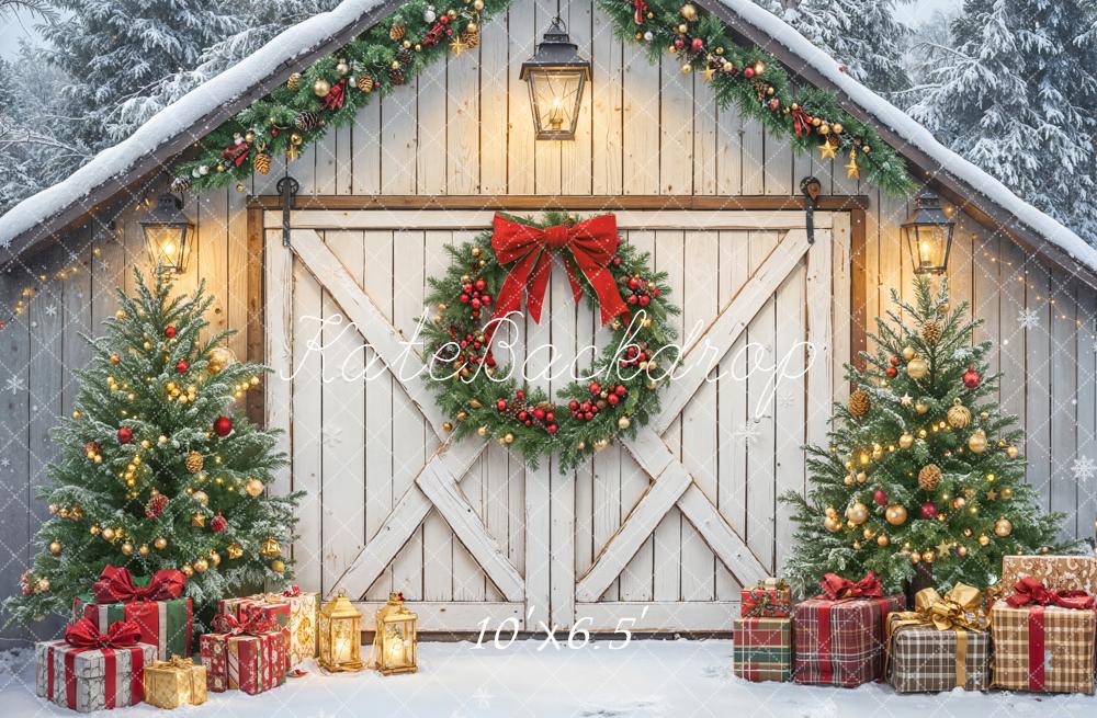 Kate Christmas Barn Door Garland Trees Presents Backdrop Designed by Emetselch -UK