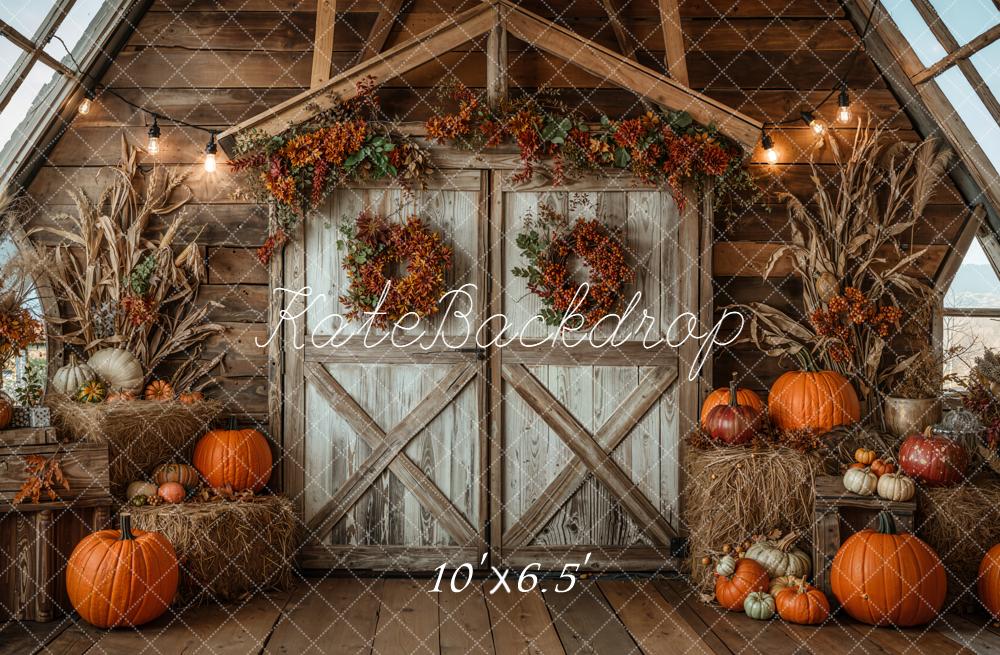 Kate Autumn Barn Door Pumpkins Hay Backdrop Designed by Emetselch