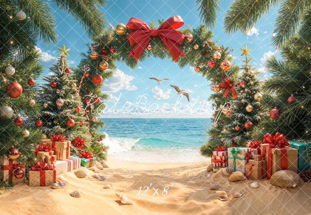 Kate Christmas Beach Trees Presents Fleece Backdrop Designed by Emetselch