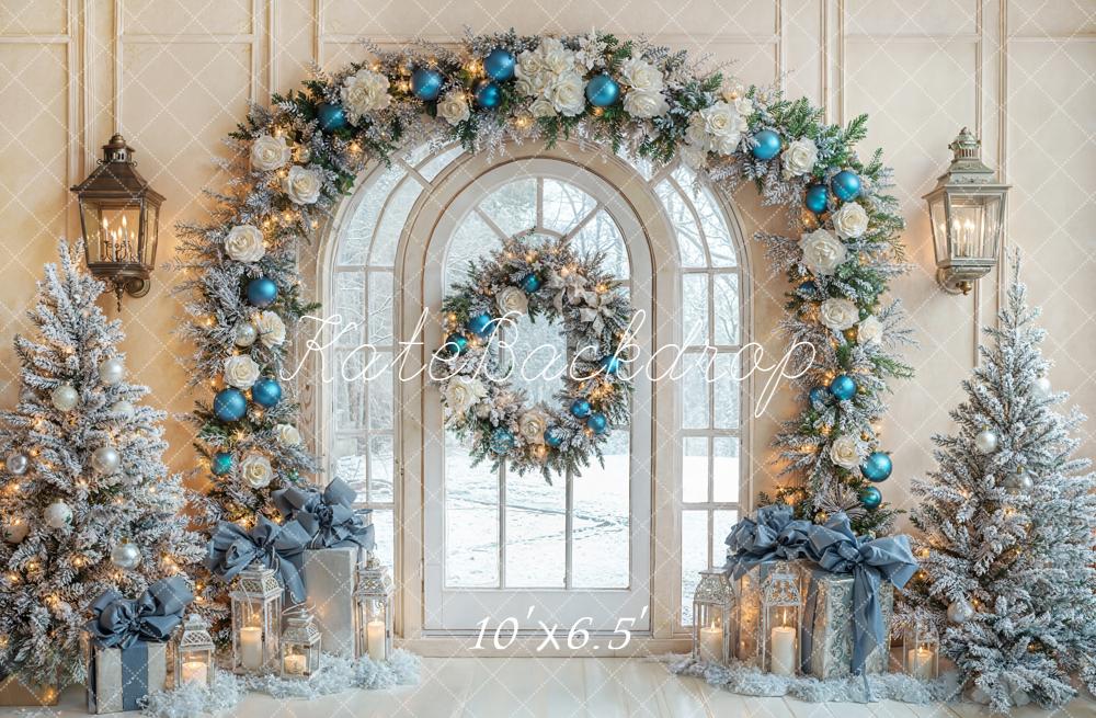 Kate Christmas Arch Window Trees Blue Ornaments Backdrop Designed by Emetselch -UK
