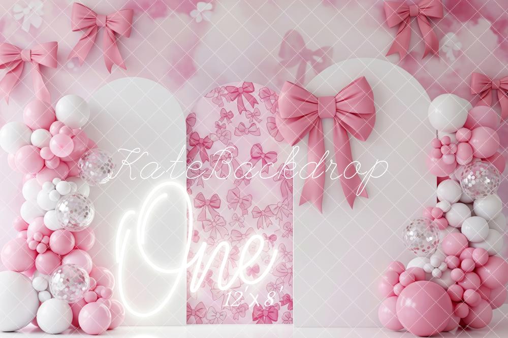 Kate 1st Birthday Pink Bows Balloons Arch Backdrop Designed by Patty Robert