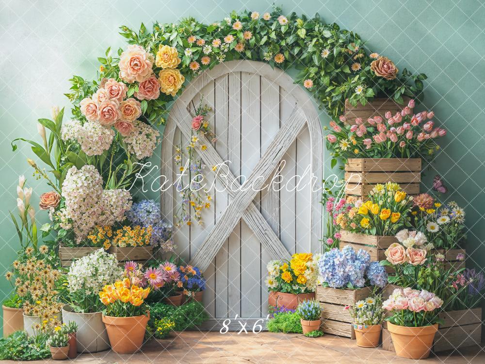 Kate Spring Garland Wooden Door Crates Fleece Backdrop Designed by Emetselch -UK