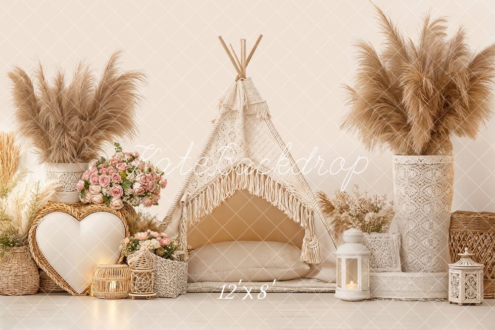 Kate Boho Tent Pampas Grass Fleece Backdrop Designed by Emetselch -UK
