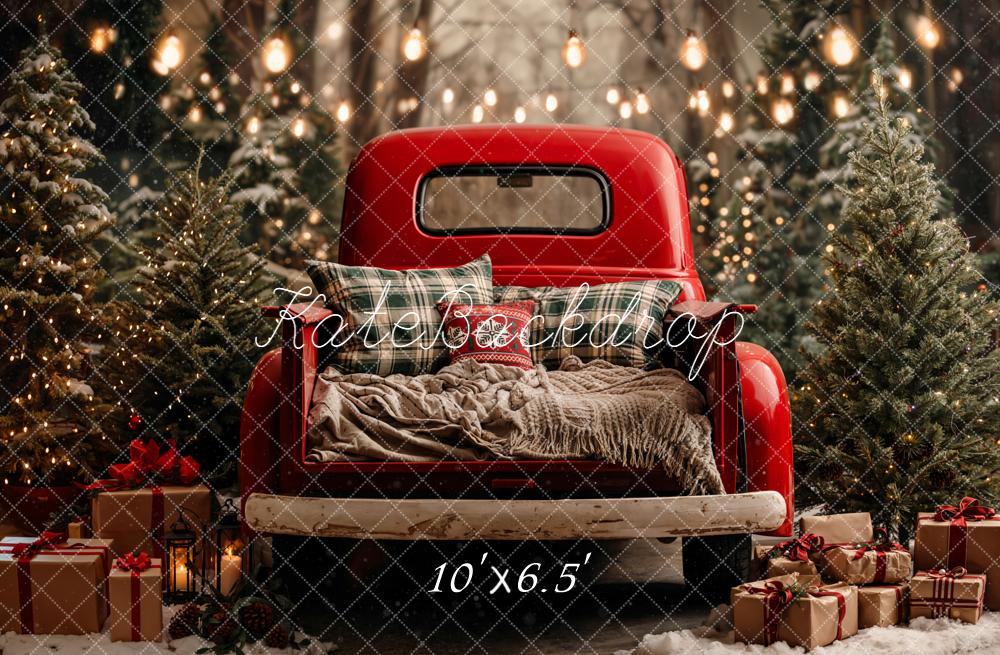 Kate Christmas Red Truck Snowy Trees Presents Backdrop Designed by Emetselch -UK