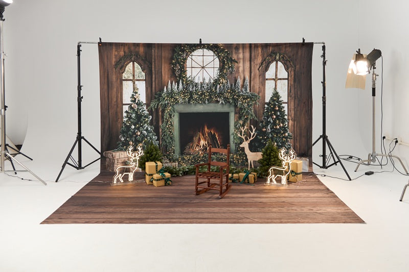 Kate Christmas Tree Wood Fireplace Wreath Deer Backdrop Designed by Emetselch -UK