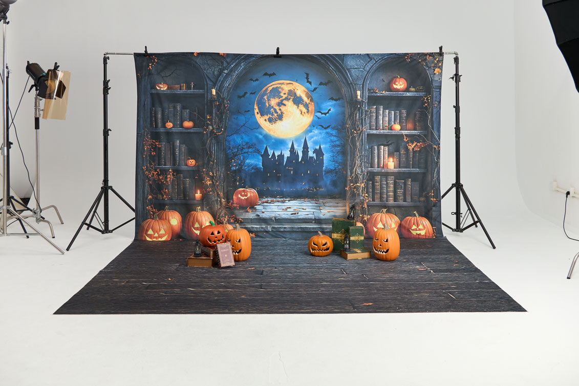 Kate Halloween Pumpkin Moon Vintage Bookshelf Backdrop Designed by Emetselch -UK