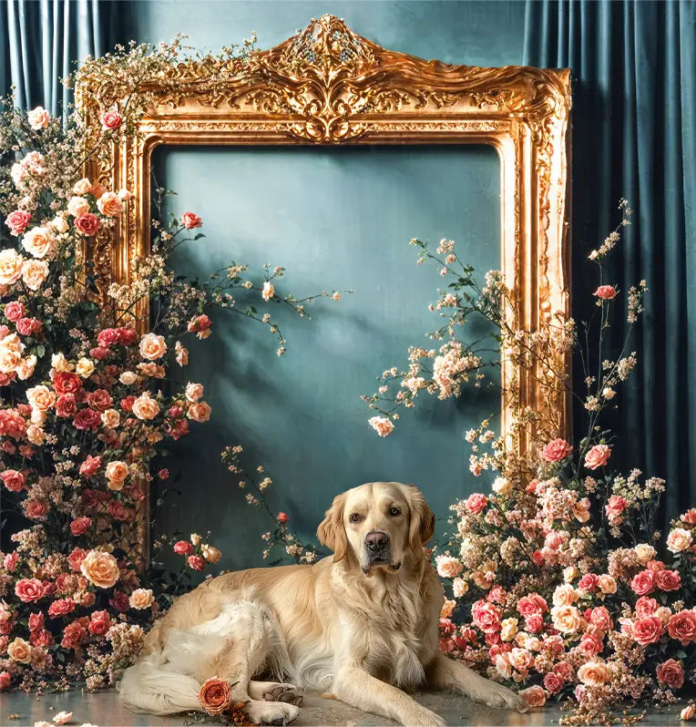 Kate Vintage Flower Golden Frame Blue Curtain Wall Backdrop Designed by Emetselch -UK