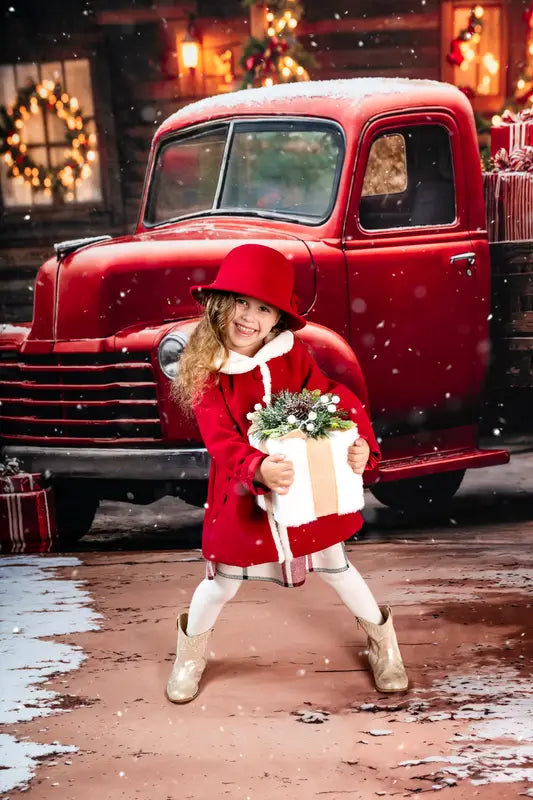 Kate Christmas Red Truck Gifts Cabin Backdrop Designed by Emetselch