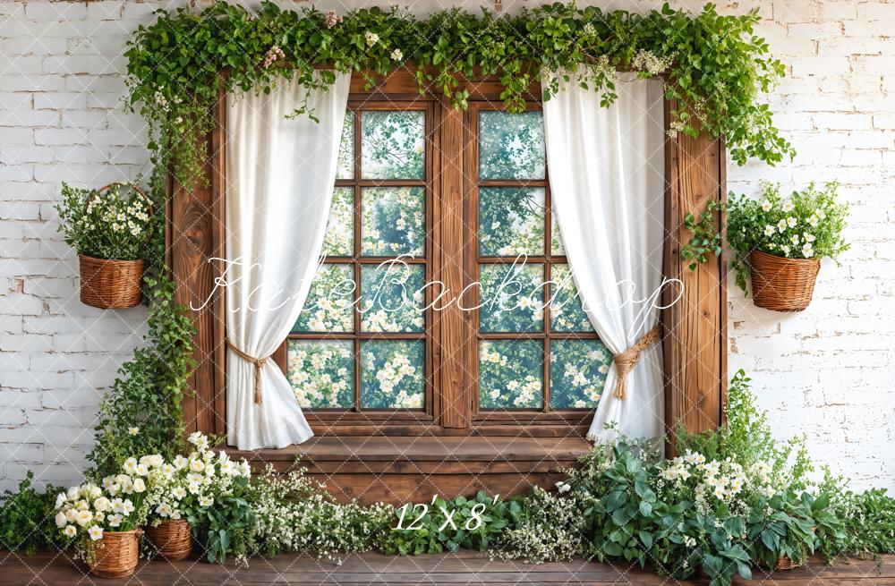 Kate Spring Wooden Window Green Leaves Fleece Backdrop Designed by Emetselch -UK