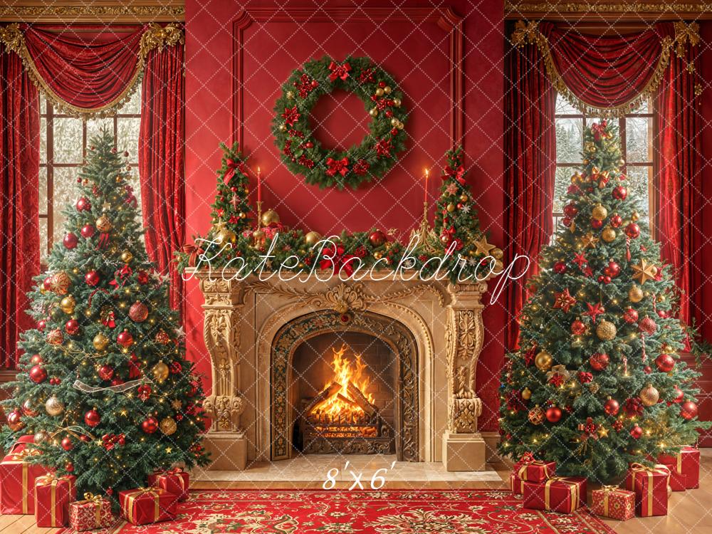 Kate Red Christmas Fireplace Wreath Trees Backdrop Designed by Emetselch