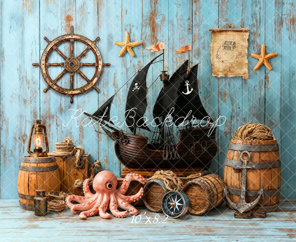 Kate Pirate Ship Helm Treasure Map Nautical Blue Backdrop Designed by Emetselch