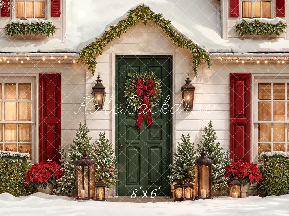 Kate Christmas House Red Green Door Wreath Backdrop Designed by Emetselch -UK