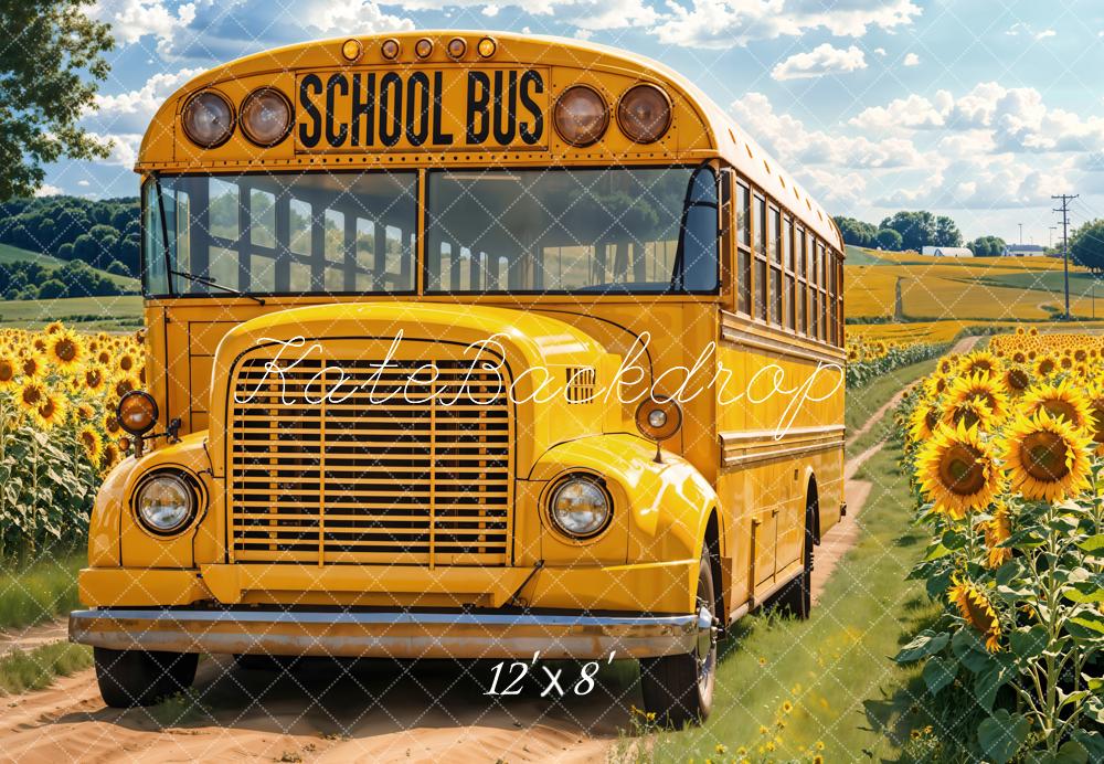 Kate Back To School Bus Sunflower Field Fleece Backdrop Designed by Emetselch -UK