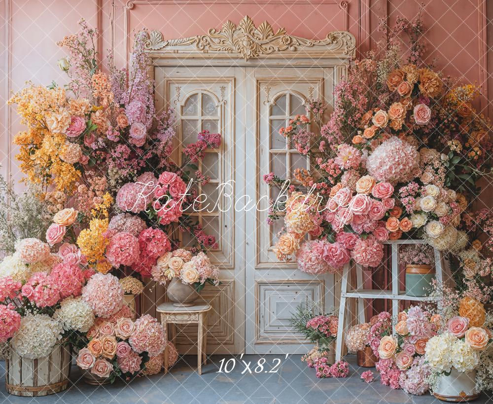 Kate Spring Flower Arch Vintage Door Pink Fleece Backdrop Designed by Emetselch -UK