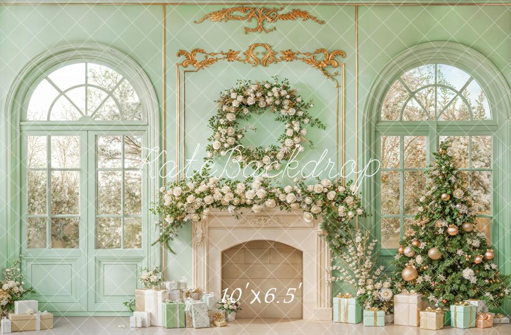 Kate Christmas Mint Green Fireplace Tree Backdrop Designed by Emetselch -UK