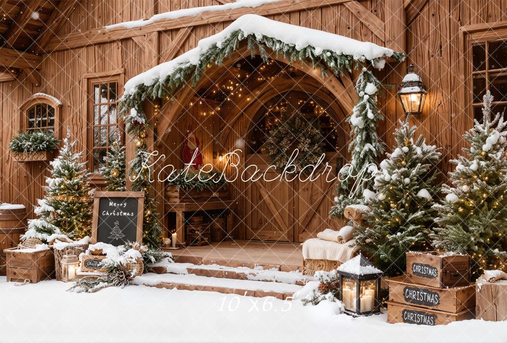 Kate Christmas Wooden House Snow Trees Fleece Backdrop Designed by Emetselch -UK