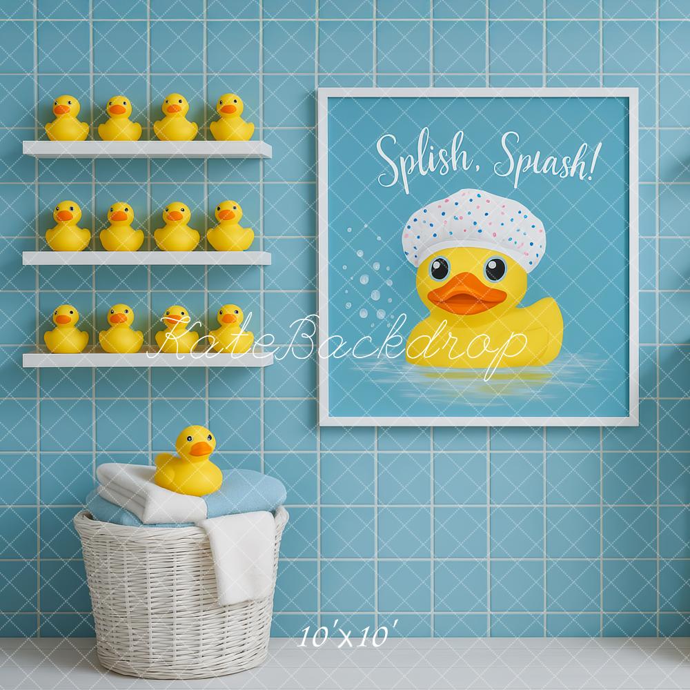 Kate Duck Bathrobe Blue Tiles Backdrop Designed by Patty Robert -UK